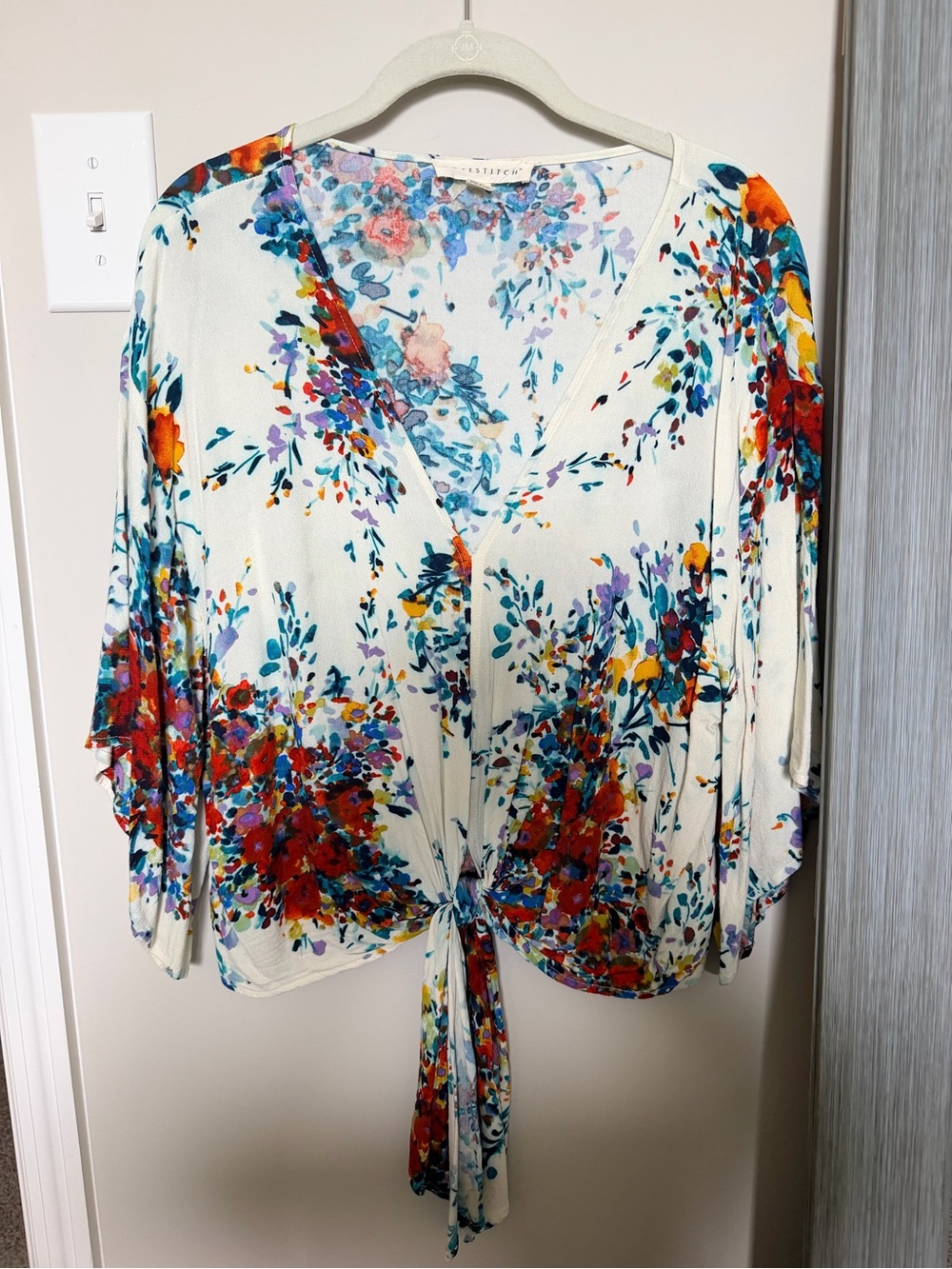 lovestitch White Floral Tie-Front Blouse with Multicolor Print